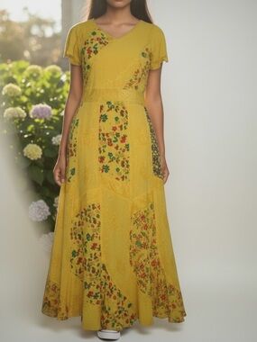 Agan Traders Scalloped Hem Printed Crepe Megara Sleeve Long Dress